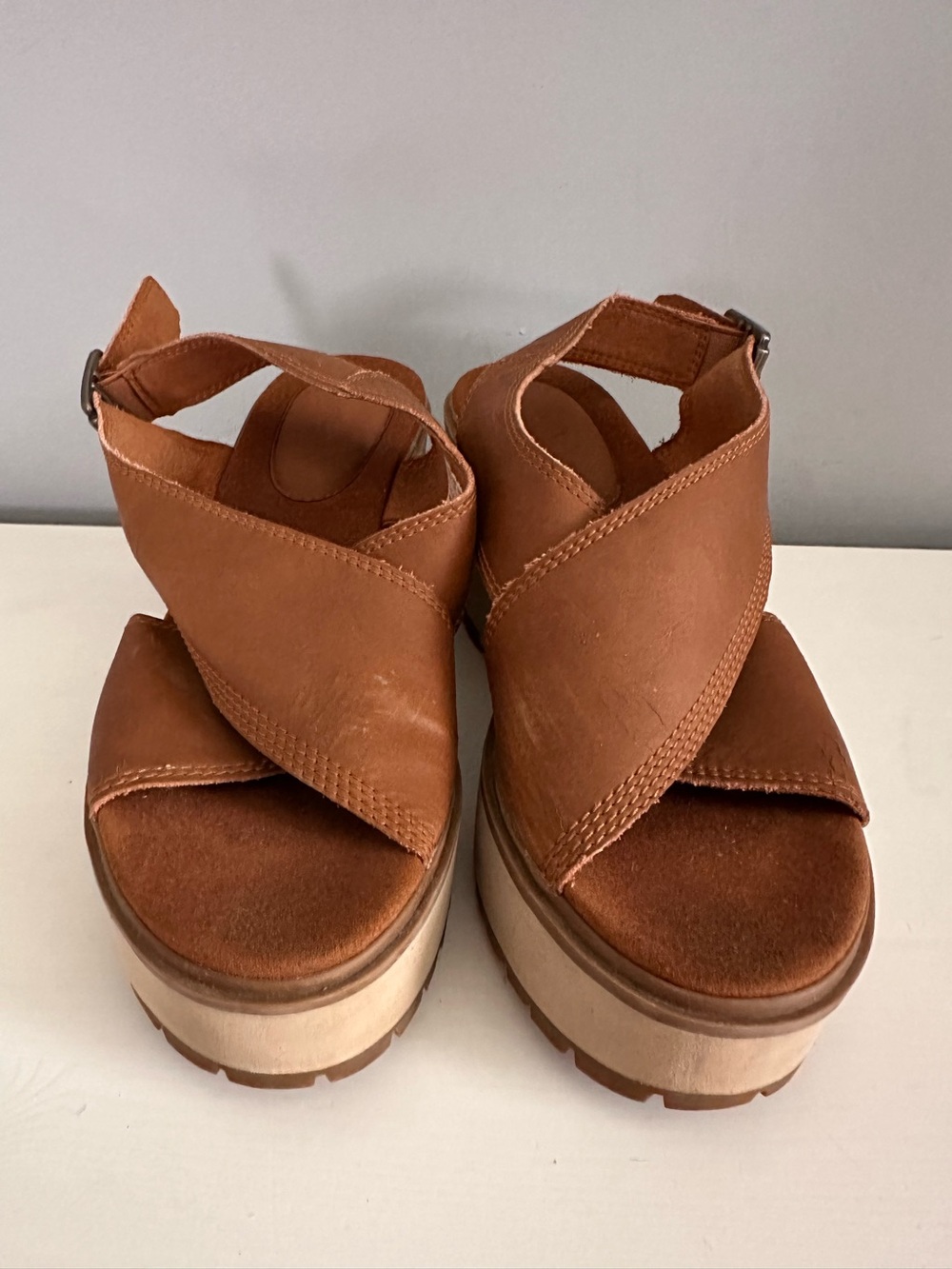 Timberland - Women’s, Koralyn, Cross Band Wedge, Leather Sandals Size 8.5, Tan